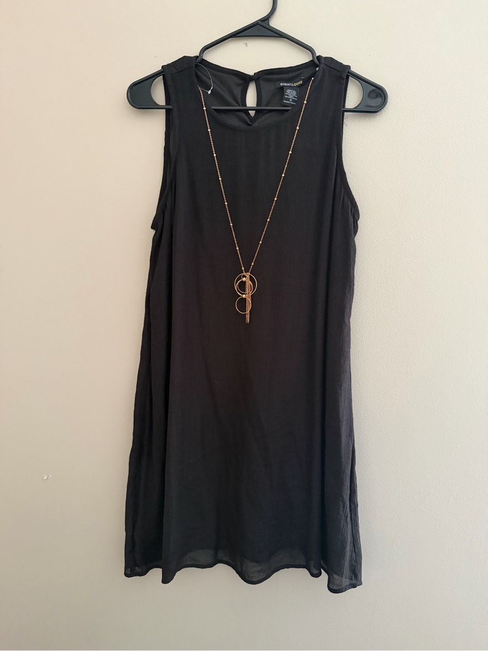 Robert Louis NWT Black Sleeveless Shift Dress with Gold Necklace Detail - M